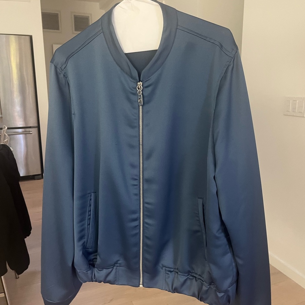 Michael Kors Blue Bomber Jacket with Ribbed Collar and Elastic Cuffs